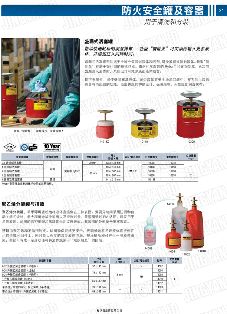 美國杰斯瑞特，JUSTRITE，活塞安全罐，盛漏式活塞罐，化學(xué)品分裝罐，